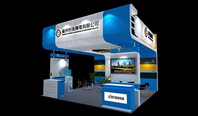 36平米展臺設(shè)計制作：三面開口/現(xiàn)代/木質(zhì)結(jié)構(gòu)/藍色，為綜合展展商而作（免費使用）