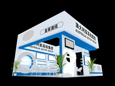 36平米展臺(tái)設(shè)計(jì)制作：三面開口/現(xiàn)代/木質(zhì)結(jié)構(gòu)/藍(lán)色，為綜合展展商而作（免費(fèi)使用）