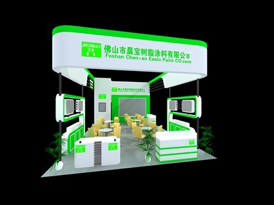 54平米展臺設(shè)計(jì)制作：三面開口/現(xiàn)代/木質(zhì)結(jié)構(gòu)/綠色，為建材展展商而作（免費(fèi)使用）