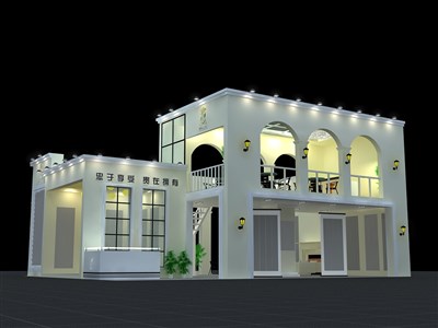130平米展臺設(shè)計(jì)制作：三面開口/歐式/木質(zhì)結(jié)構(gòu)/白色，為建材展展商而作（免費(fèi)使用）