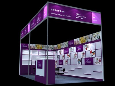 18平米展臺設計制作：二面開口/現(xiàn)代/型材結(jié)構(gòu)/紫色，為綜合展展商而作（免費使用）