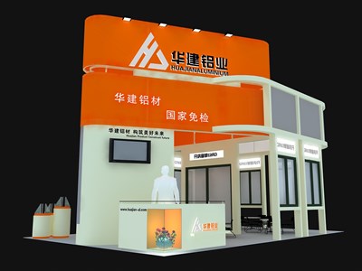 54平米展臺(tái)設(shè)計(jì)制作：三面開口/現(xiàn)代/木質(zhì)結(jié)構(gòu)/橙色，為建材展展商而作（免費(fèi)使用）