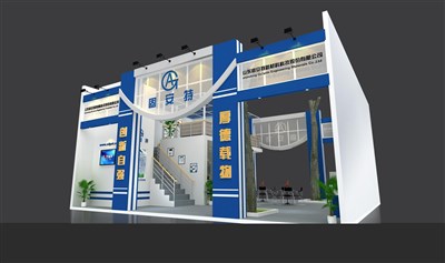 100平米展臺設(shè)計(jì)制作：二面開口/現(xiàn)代/木質(zhì)結(jié)構(gòu)/藍(lán)色，為建材展展商而作（免費(fèi)使用）