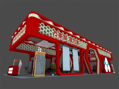 200平米展臺(tái)設(shè)計(jì)制作：四面開口/現(xiàn)代/木質(zhì)結(jié)構(gòu)/紅色，為建材展展商而作（免費(fèi)使用）
