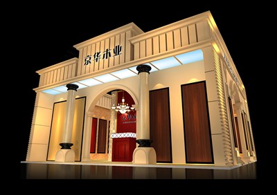 64平米展臺設(shè)計制作：一面開口/歐式/木質(zhì)結(jié)構(gòu)/米色，為建材展展商而作（免費使用）