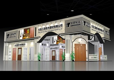 135平米展臺設(shè)計(jì)制作：三面開口/歐式/木質(zhì)結(jié)構(gòu)/白色，為建材展展商而作（免費(fèi)使用）