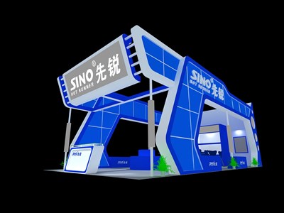 72平米展臺(tái)設(shè)計(jì)制作：三面開口/現(xiàn)代/木質(zhì)結(jié)構(gòu)/藍(lán)色，為建材展展商而作（免費(fèi)使用）