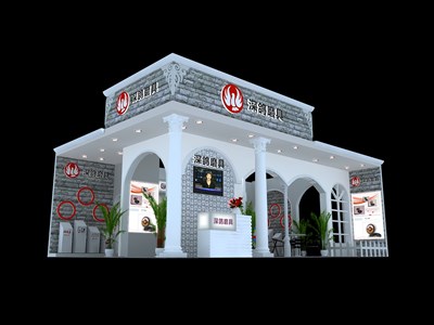 54平米展臺(tái)設(shè)計(jì)制作：三面開口/歐式/木質(zhì)結(jié)構(gòu)/灰色，為建材展展商而作（免費(fèi)使用）