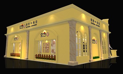 121平米展臺(tái)設(shè)計(jì)制作：二面開口/歐式/木質(zhì)結(jié)構(gòu)/黃色，為建材展展商而作（免費(fèi)使用）