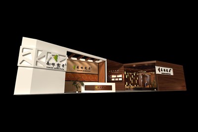 225平米展臺設計制作：二面開口/現(xiàn)代/木質結構/咖啡色，為建材展展商而作（免費使用）