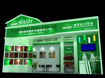 40.5平米展臺設計制作：一面開口/現代/木質結構/綠色，為建材展展商而作（免費使用）