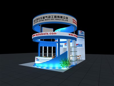 54平米展臺(tái)設(shè)計(jì)制作：三面開口/現(xiàn)代/木質(zhì)結(jié)構(gòu)/藍(lán)色，為建材展展商而作（免費(fèi)使用）