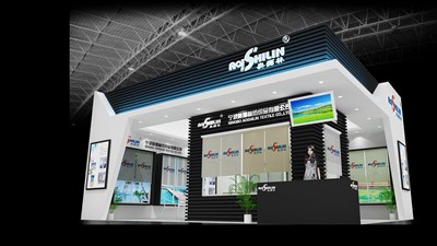 63平米展臺設(shè)計制作：二面開口/現(xiàn)代/木質(zhì)結(jié)構(gòu)/黑色，為建材展展商而作（免費使用）