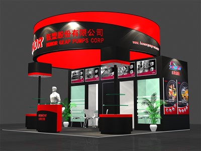 36平米展臺設(shè)計制作：三面開口/現(xiàn)代/木質(zhì)結(jié)構(gòu)/紅色，為電子展展商而作（免費(fèi)使用）