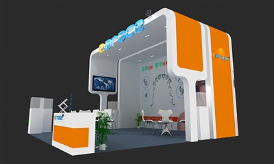 36平米展臺設計制作：三面開口/現(xiàn)代/木質結構/黃色，為醫(yī)藥展展商而作（免費使用）