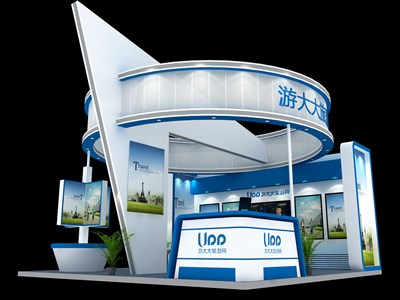 36平米展臺(tái)設(shè)計(jì)制作：三面開(kāi)口/現(xiàn)代/木質(zhì)結(jié)構(gòu)/藍(lán)色，為建材展展商而作（免費(fèi)使用）