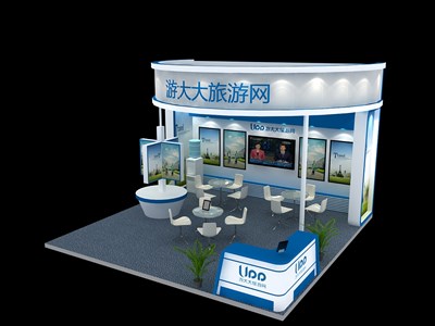 36平米展臺設(shè)計制作：三面開口/現(xiàn)代/木質(zhì)結(jié)構(gòu)/藍(lán)色，為建材展展商而作（免費使用）