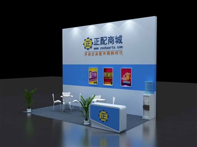 18平米展臺(tái)設(shè)計(jì)制作：二面開口/現(xiàn)代/木質(zhì)結(jié)構(gòu)/藍(lán)色，為汽配展展商而作（免費(fèi)使用）