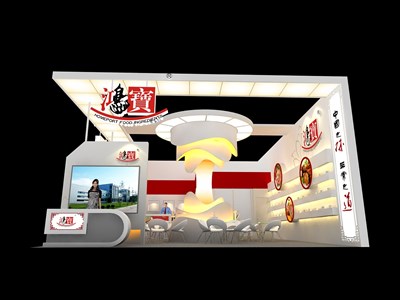 88平米展臺設(shè)計制作：二面開口/現(xiàn)代/木質(zhì)結(jié)構(gòu)/米色，為食品展展商而作（免費使用）