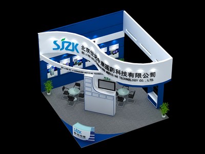 36平米展臺設(shè)計制作：三面開口/前衛(wèi)/木質(zhì)結(jié)構(gòu)/藍色，為醫(yī)藥展展商而作（免費使用）