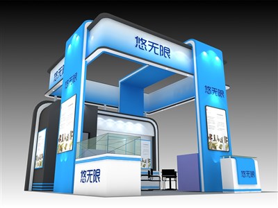 36平米展臺設(shè)計制作：三面開口/現(xiàn)代/木質(zhì)結(jié)構(gòu)/藍色，為食品展展商而作（免費使用）