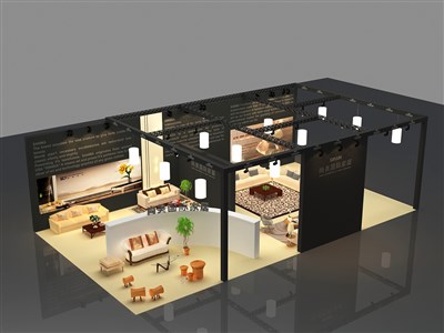 144平米展臺設計制作：三面開口/現(xiàn)代/木質結構/黑色，為家具展展商而作（免費使用）