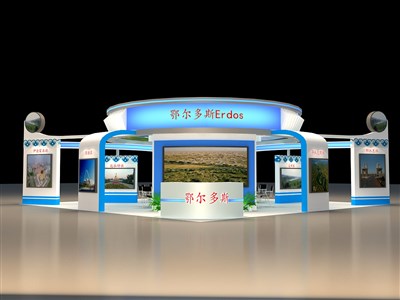 100平米展臺設計制作：四面開口/現(xiàn)代/型材結構/藍色，為旅游展展商而作（免費使用）