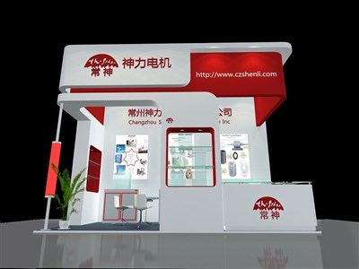 18平米展臺(tái)設(shè)計(jì)制作：三面開(kāi)口/現(xiàn)代/木質(zhì)結(jié)構(gòu)/紅色，為機(jī)械展展商而作（免費(fèi)使用）