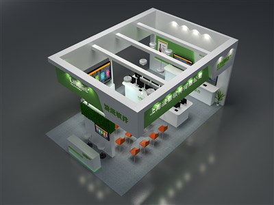 54平米展臺設(shè)計制作：三面開口/現(xiàn)代/木質(zhì)結(jié)構(gòu)/綠色，為電子展展商而作（免費(fèi)使用）