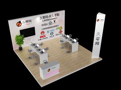 36平米展臺設(shè)計(jì)制作：三面開口/現(xiàn)代/木質(zhì)結(jié)構(gòu)/白色，為電子展展商而作（免費(fèi)使用）