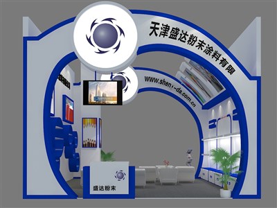 36平米展臺設計制作：二面開口/現(xiàn)代/木質(zhì)結(jié)構(gòu)/藍色，為建材展展商而作（免費使用）