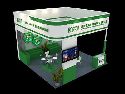 36平米展臺設計制作：三面開口/現(xiàn)代/木質結構/綠色，為食品展展商而作（免費使用）
